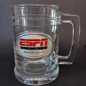 WALT DISNEY WORLD 2000 ESPN CLUB GLASS MUG - OVAL PEWTER LOGO - PARK EXCLUSIVE
